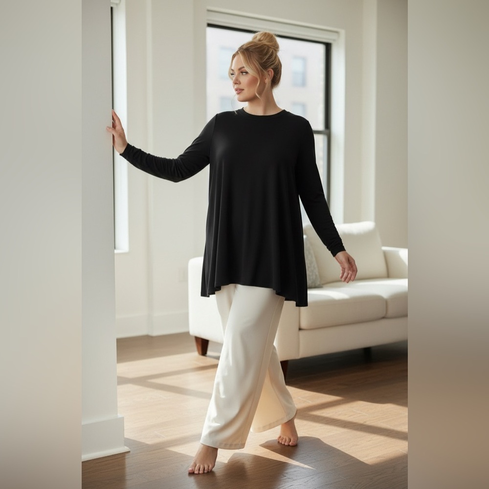 Eileen Fisher Black Stretch Knit Tunic Top Relaxed L